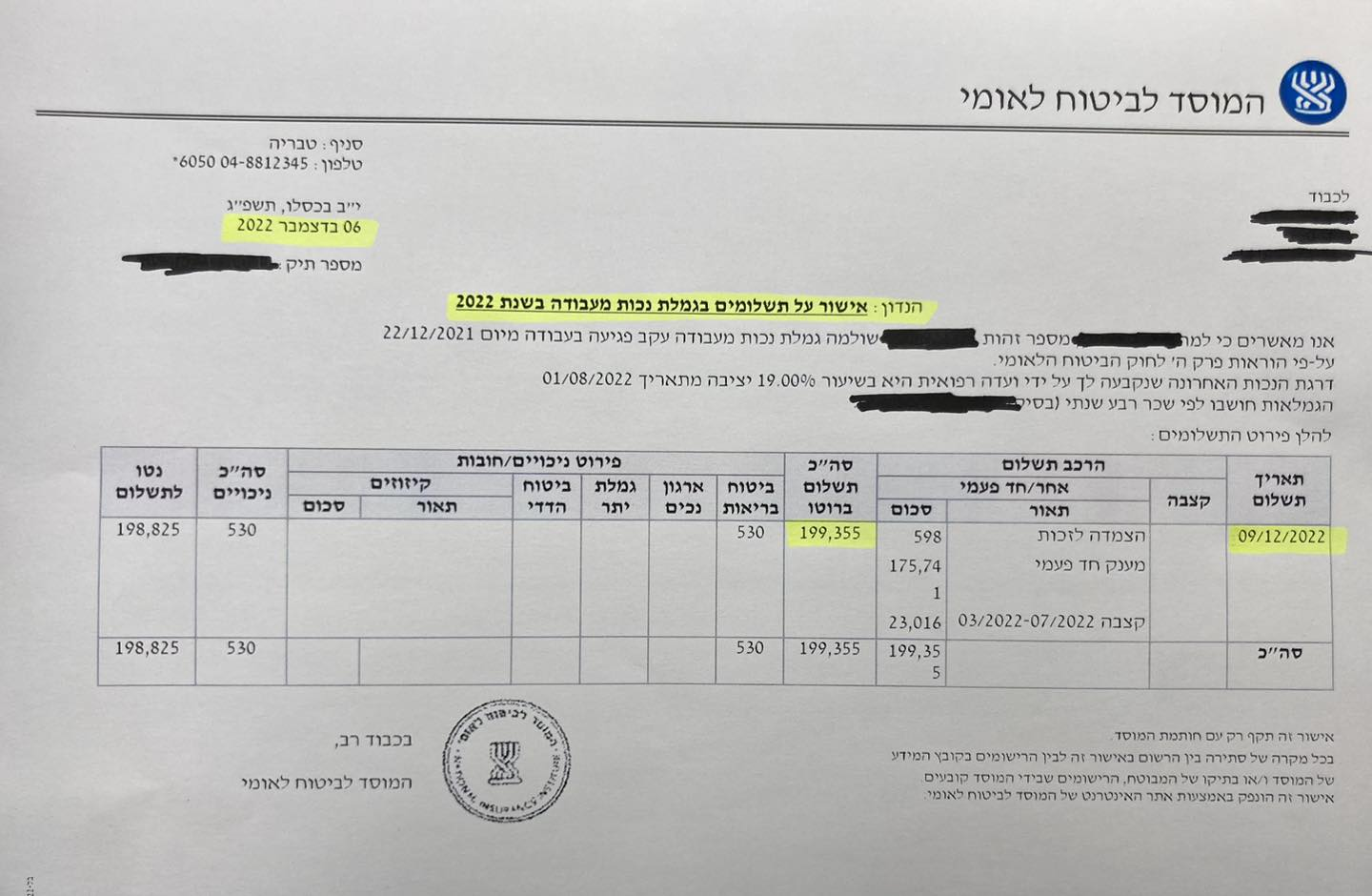 צילום החלטת המוסד לביטוח לאומי — מענק 199,825 ₪. פרטי הלקוח מוסתרים.