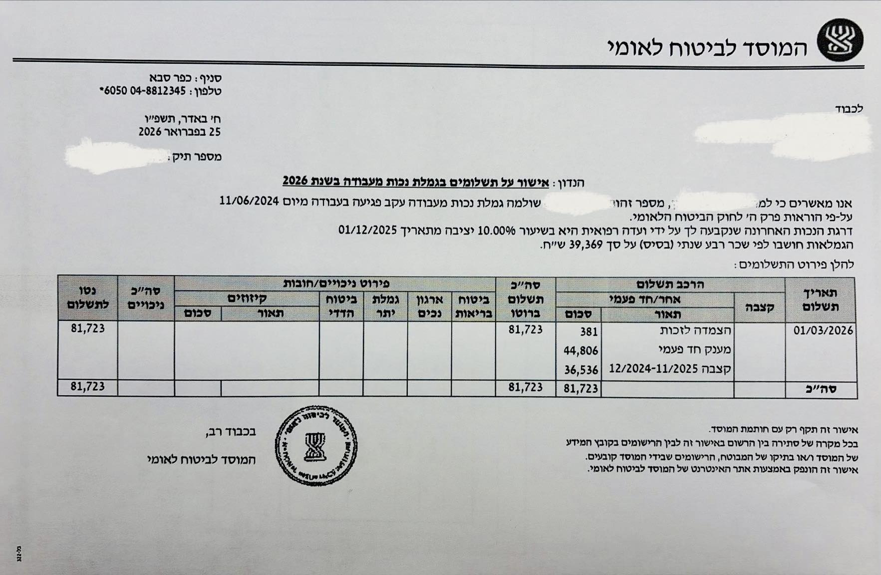 צילום החלטת המוסד לביטוח לאומי — מענק 81,723 ₪ על נכות מעבודה. פרטי הלקוח מוסתרים.